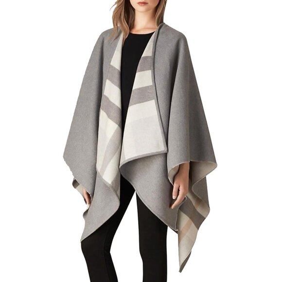 Burberry Charlotte Reversible Solid/House Check Wool Cape One Size - Picture 2 of 11